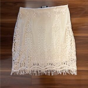 Astr Crochet Fringe Pencil Skirt in Cream
